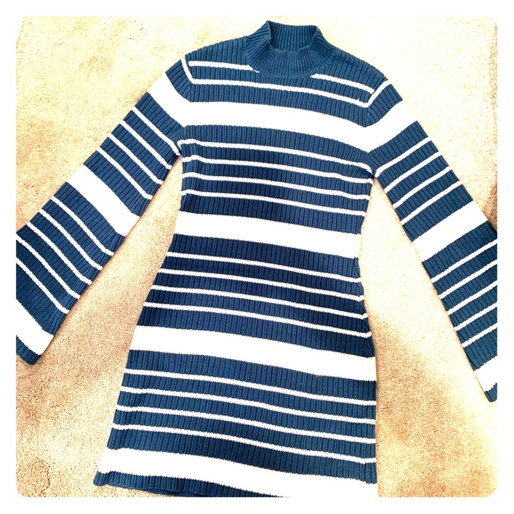 Mink pink mini sweater dress in blue and white